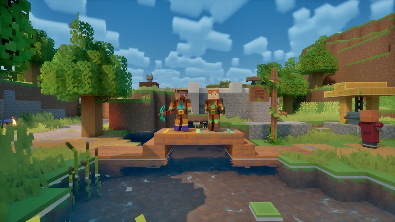 An in-game screenshot of the Alex and Steve skins standing alongside each other on a bridge