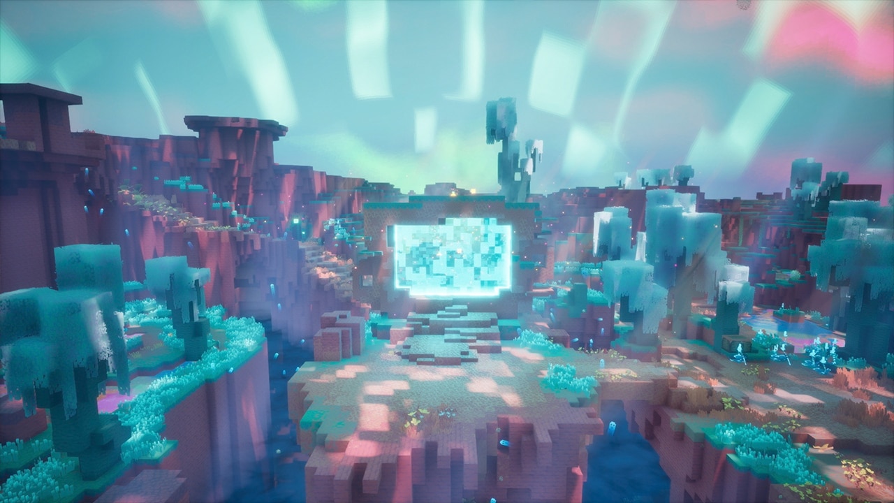 Glowing blue portal surrounded by icy turquoise vegetation in a colorful canyon landscape.