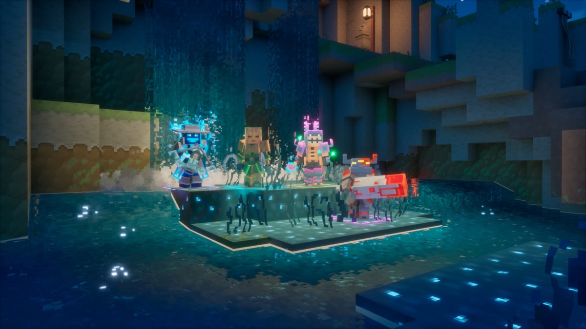 Four players, all wearing colorful armor sets and wielding different weapons, while standing in a dark environment with sculk corruption on the ground.