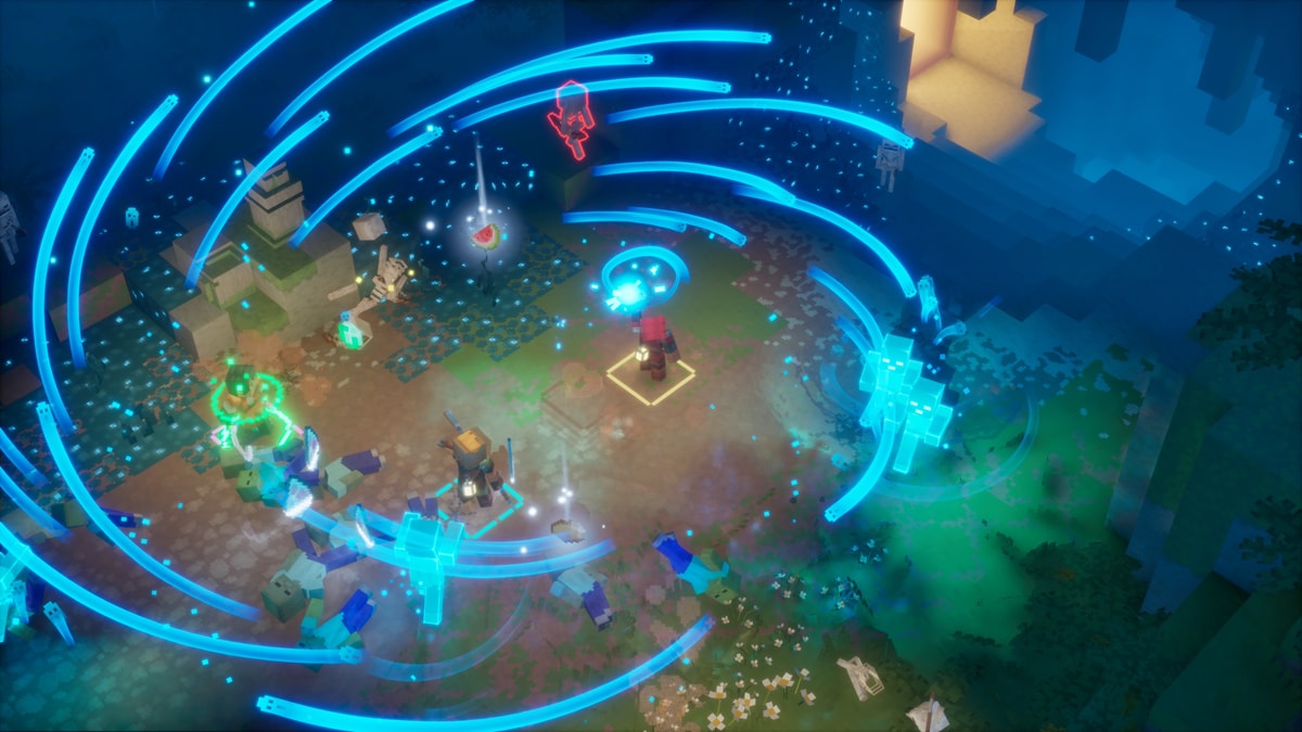 A top-down combat scene in a forested clearing, with a central hero surrounded by a vortex of sweeping blue energy arcs, glowing effects, and enemies scattered around the area.