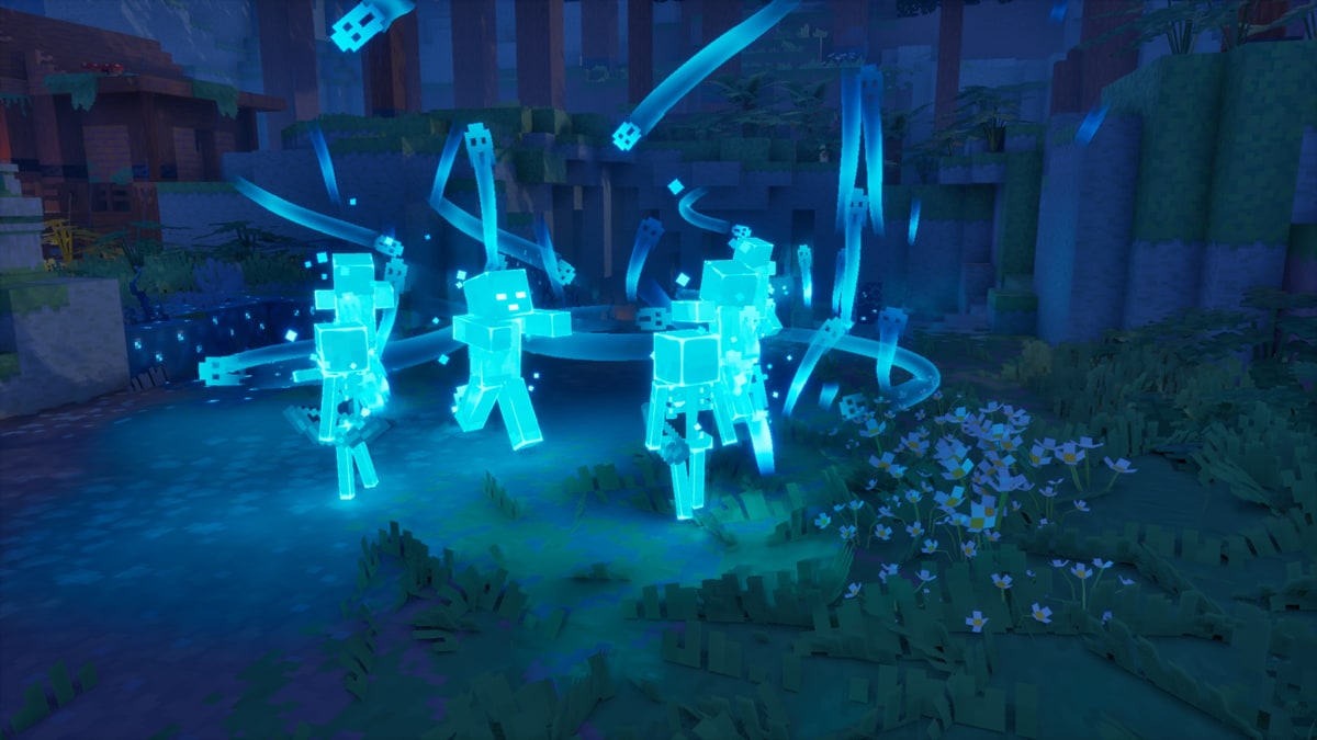 A scene showing several glowing blue, spectral mobs standing in a forest clearing at night, with swirling energy effects and foliage visible around them.