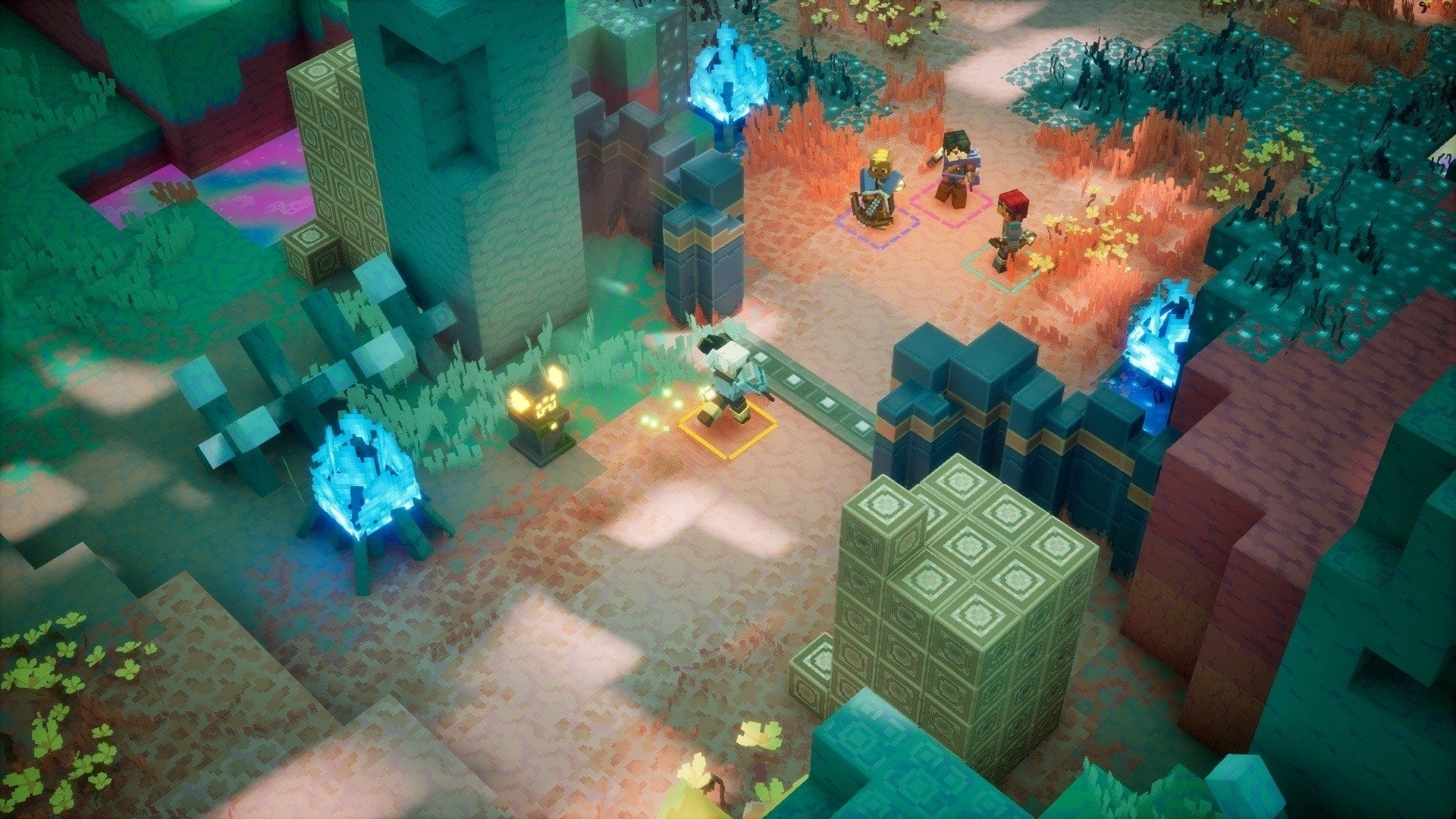 A player character running through a gate in the Sift to meet up with three friends.
