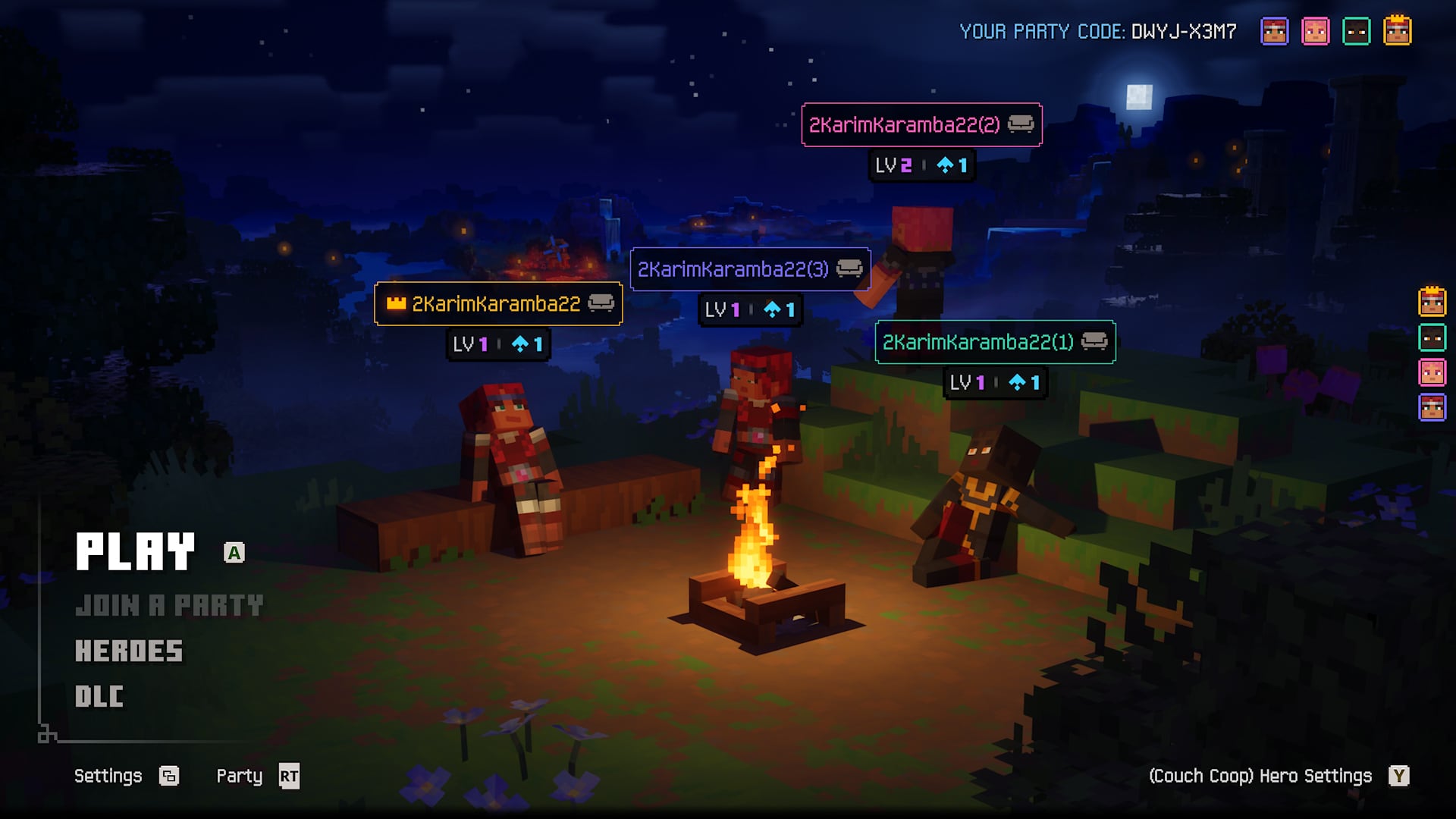 A screenshot of the Minecraft Dungeons player screen in which four player characters are sitting around a campfire during a dark evening.
