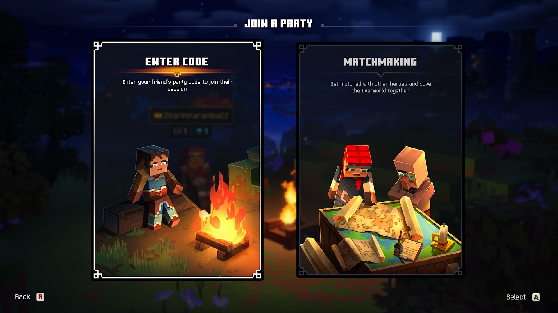 A screenshot from Minecraft Dungeons II, depicting a UI with two frames: Party Codes and Matchmaking.