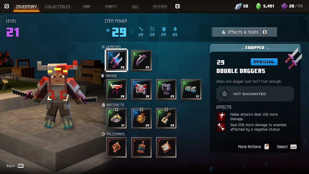 A screenshot of Minecraft Dungeons II depicting the character UI and the many different gear slots available.