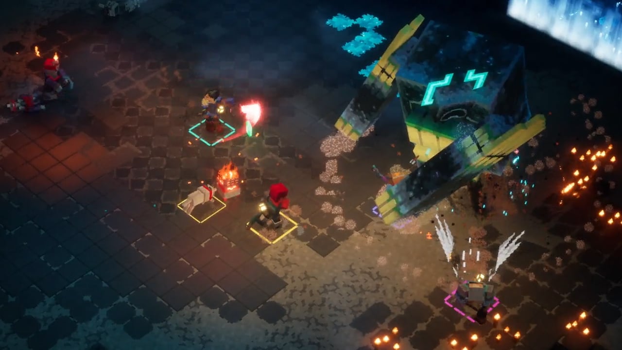 A screenshot of Minecraft Dungeons II depicting four heroes battling against the Twisted Warden.