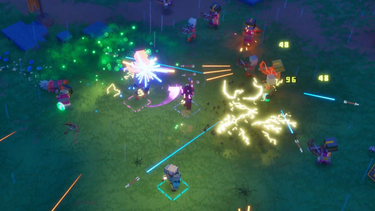 A Minecraft Dungeons II screenshot depicting players in co-op unleashing abilities against mobs in the dark.