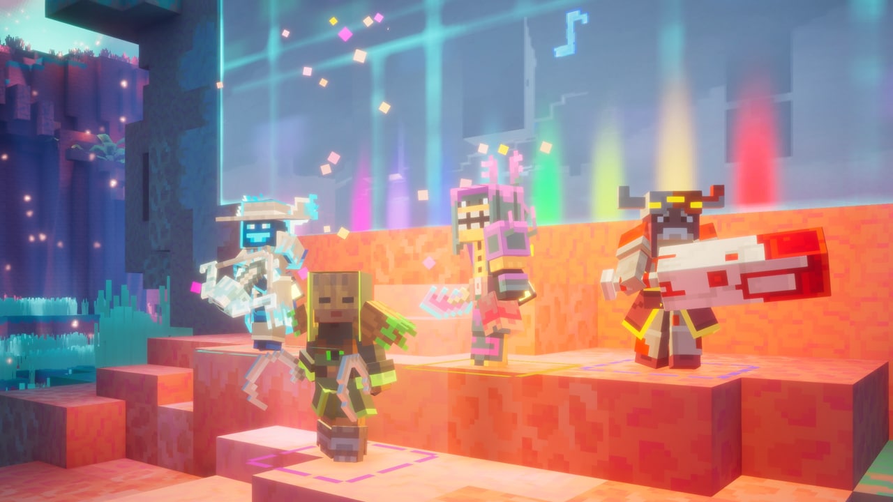 A Minecraft Dungeons II screenshot depicting four heroes wearing high-level gear.
