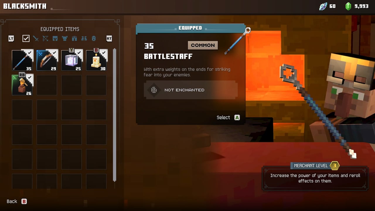 A Minecraft Dungeons II screenshot depicting the blacksmith interface.