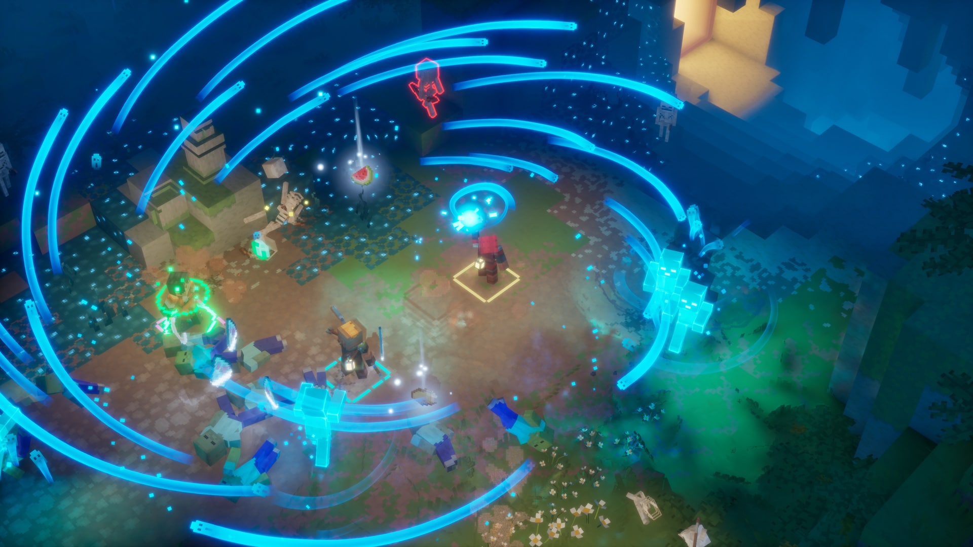A top-down combat scene in a forested clearing, with a central hero surrounded by a vortex of sweeping blue energy arcs, glowing effects, and enemies scattered around the area..