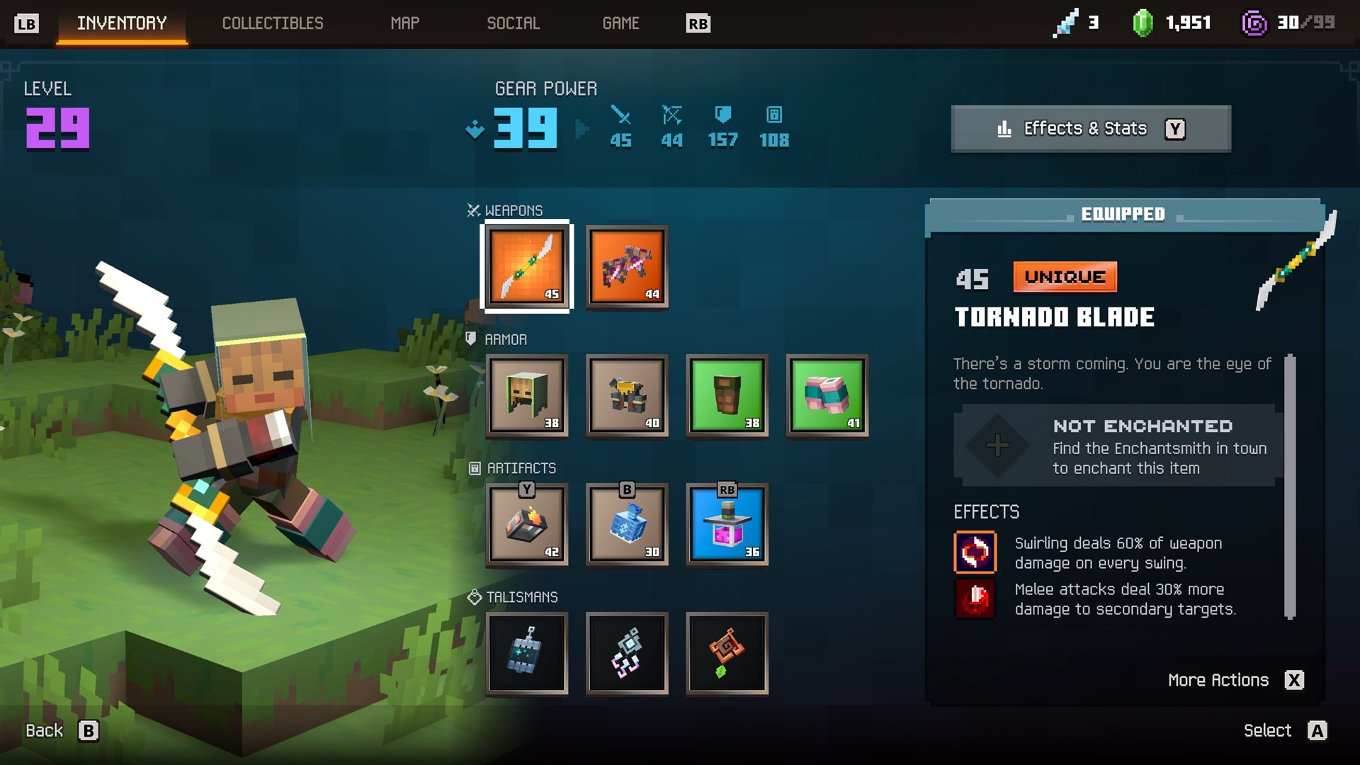 A screenshot of the inventory screen in Minecraft Dungeons II, showing a hero holding dual blades on the left, with a grid of weapons, armor, artifacts, and stats displayed across a blue interface panel.