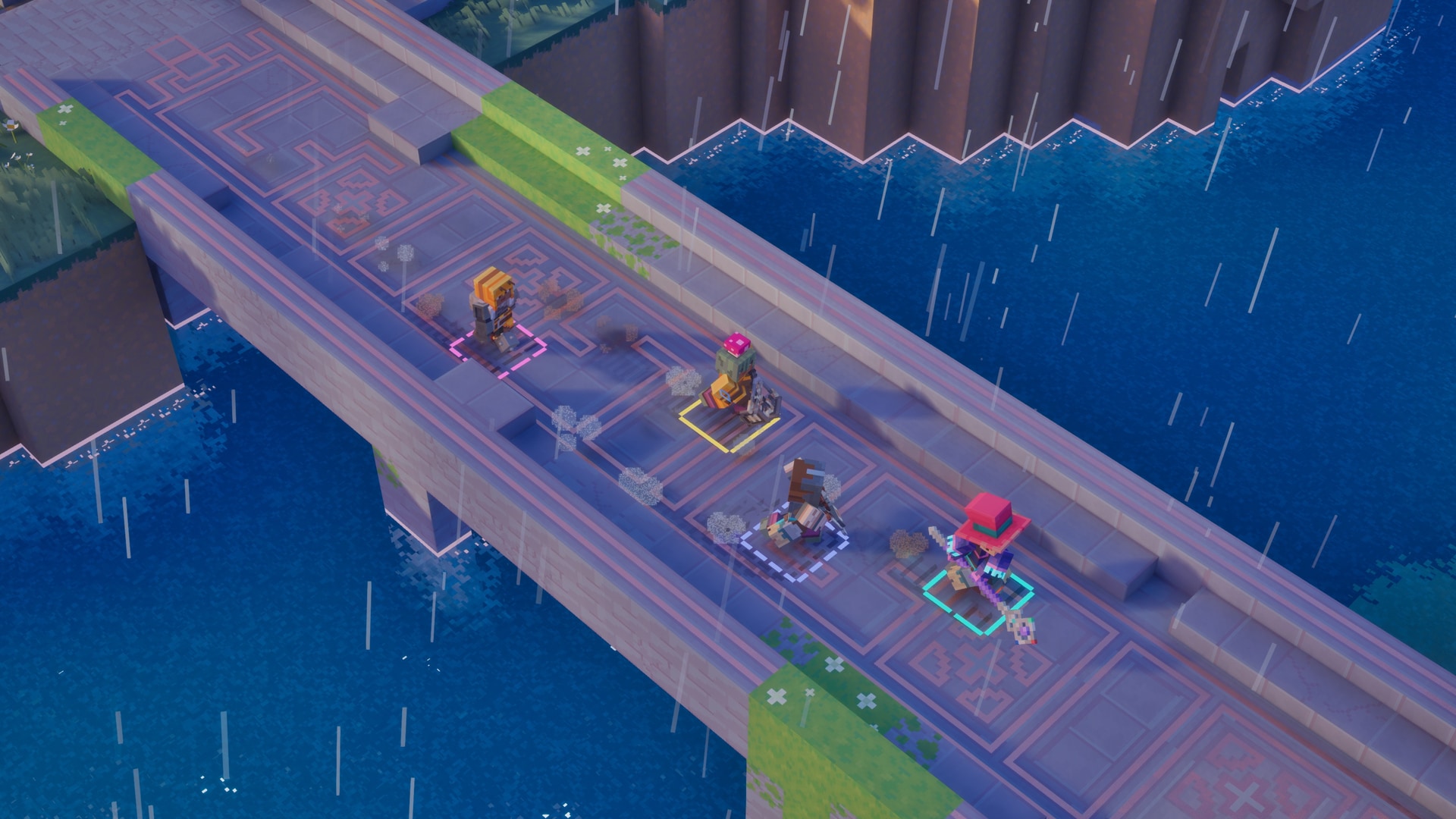 A top-down view of four heroes crossing a long stone bridge with glowing patterns over dark water, with rain falling as they make their way over to the other side.