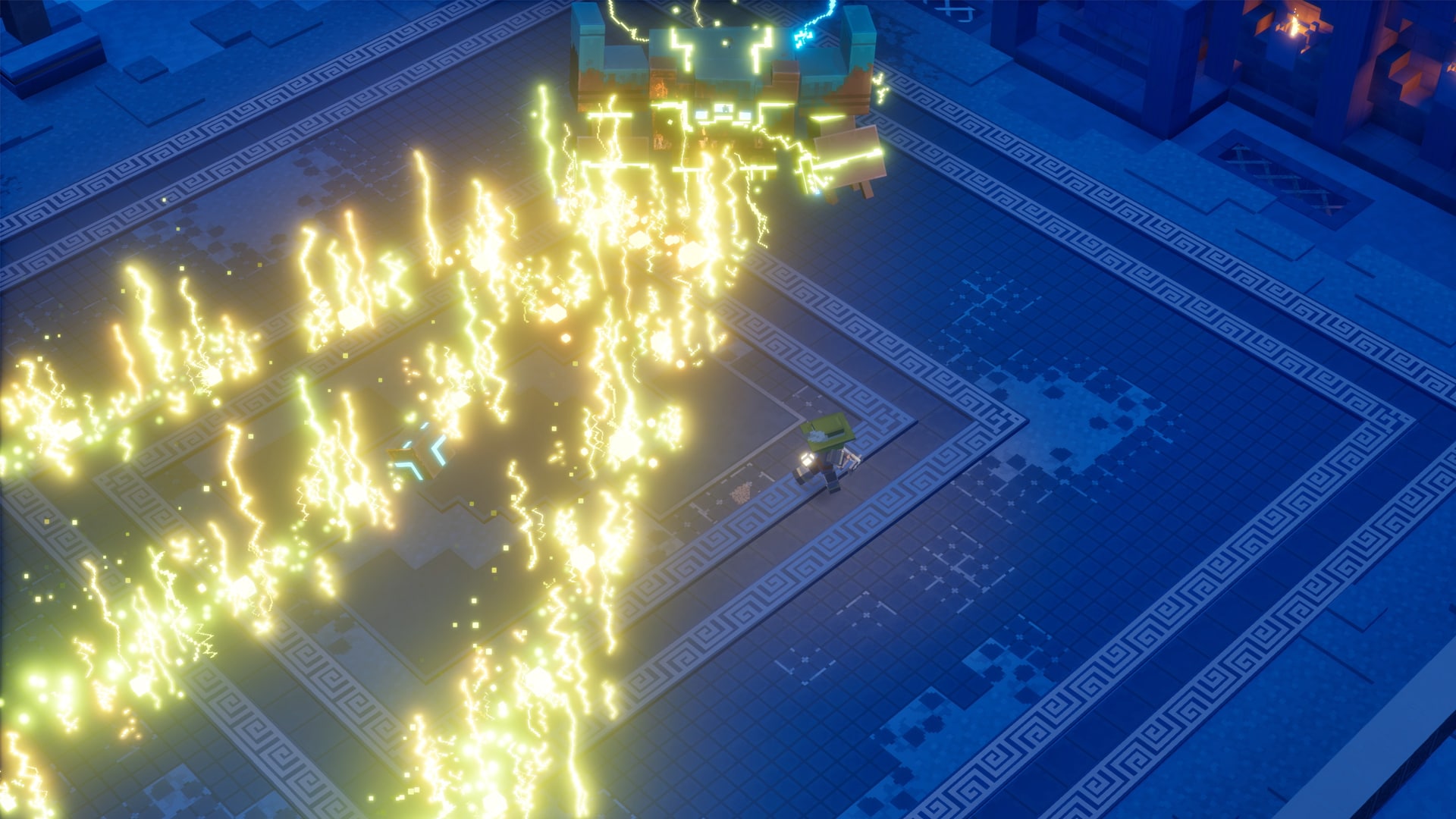 A top-down view of a player character in battle with a large monstrosity in an arena with blue stone tiles and patterned borders, where bright golden lightning arcs form a large shape across the floor.