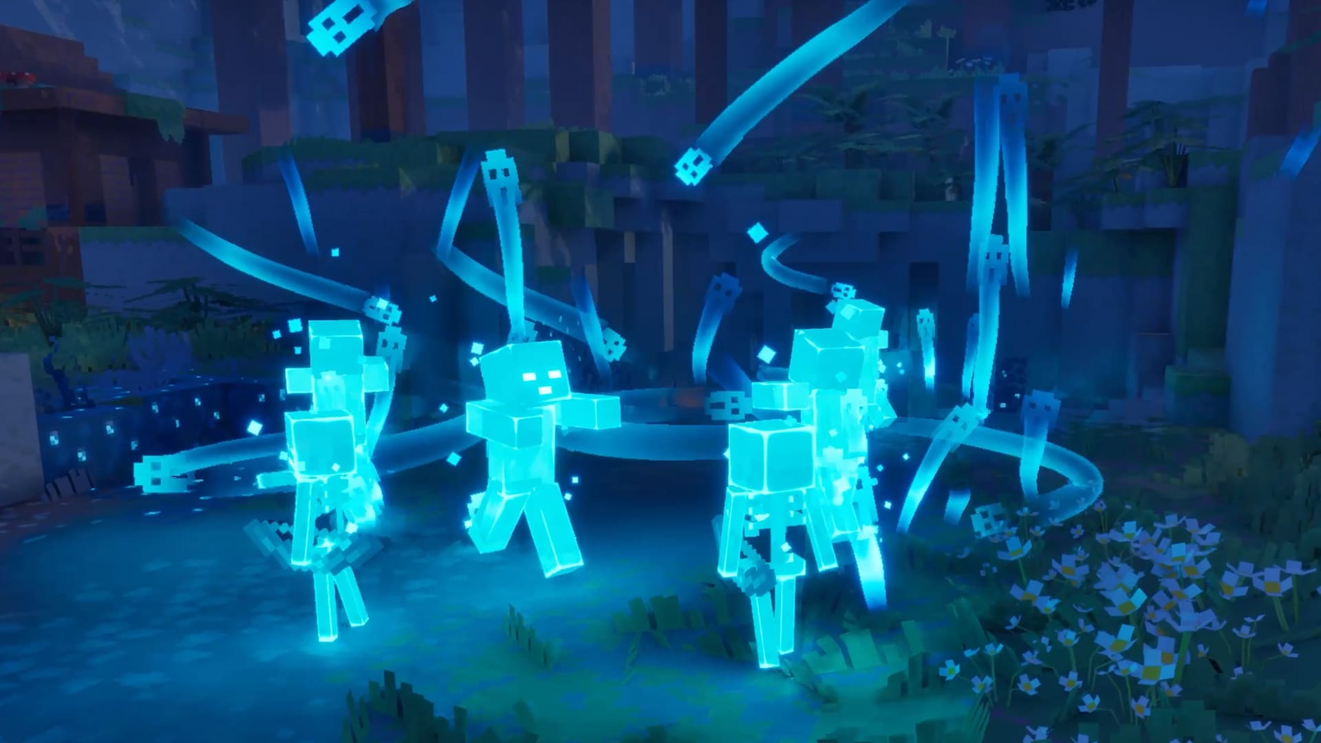 A scene showing several glowing blue, spectral mobs standing in a forest clearing at night, with swirling energy effects and foliage visible around them.