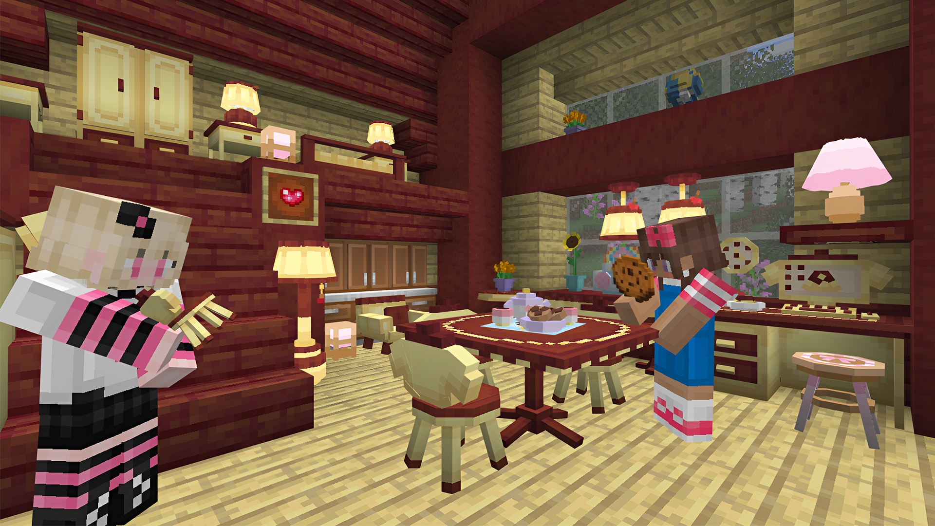 Minecraft players relax in a cozy Pompompurin™ themed kitchen and dining room filled with cute furniture, warm lighting, and decorative treats.
