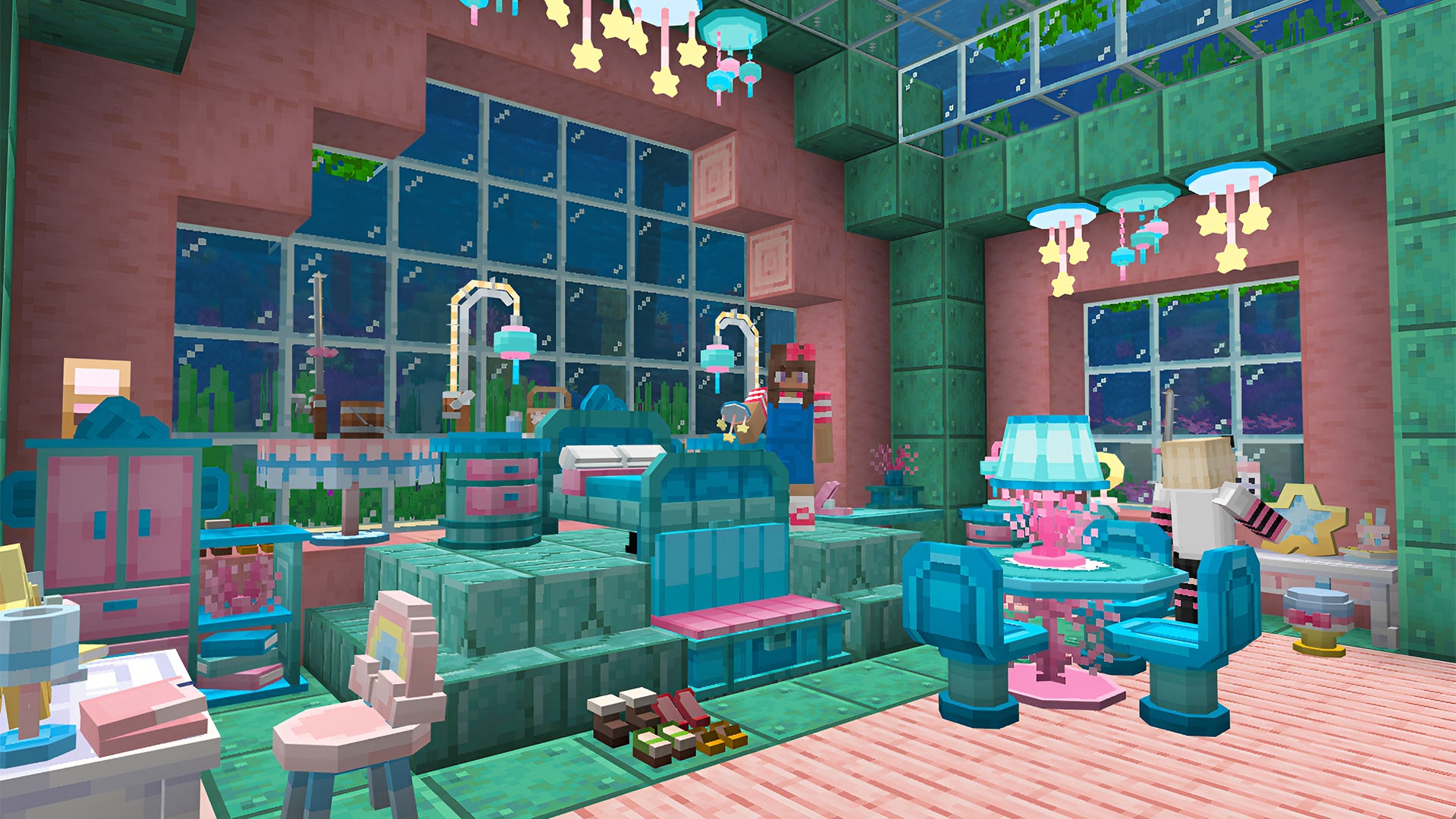 Cozy pastel-themed Minecraft bedroom with ocean-view windows, star-shaped lights, turquoise furniture, and Hangyodon and Little Twin Stars™-inspired décor.