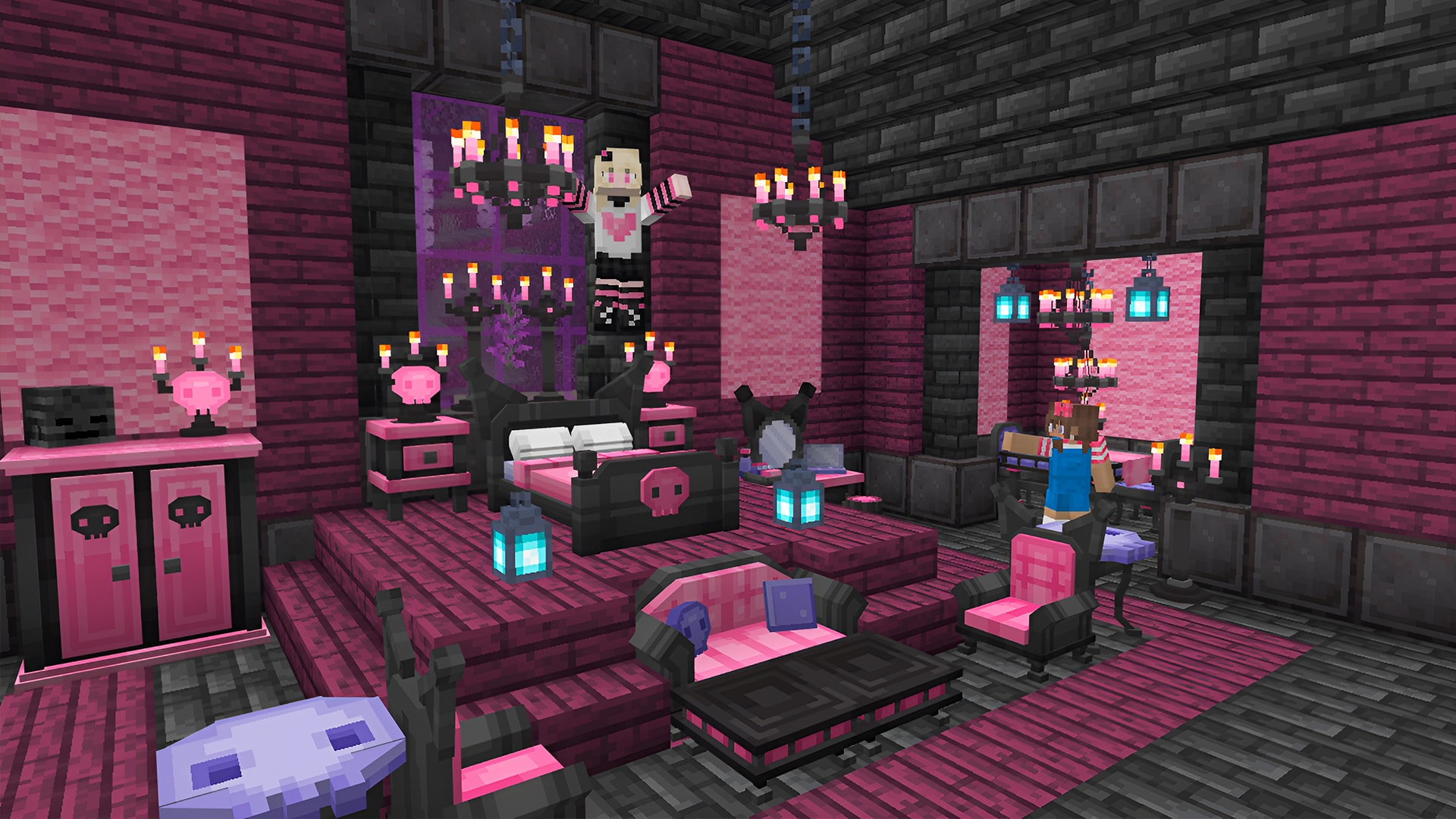 Kuromi™-inspired Minecraft bedroom featuring black-and-pink furniture, chandeliers, cozy seating, and gothic-themed decorations.
