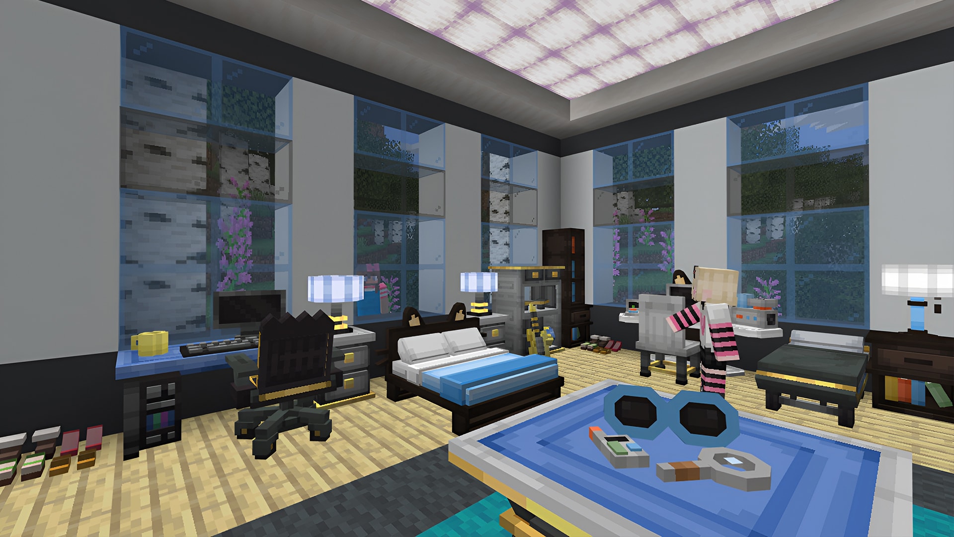 Modern Minecraft bedroom and workspace with sleek furniture, large windows, computers, and stylish Chococat™-themed accents.