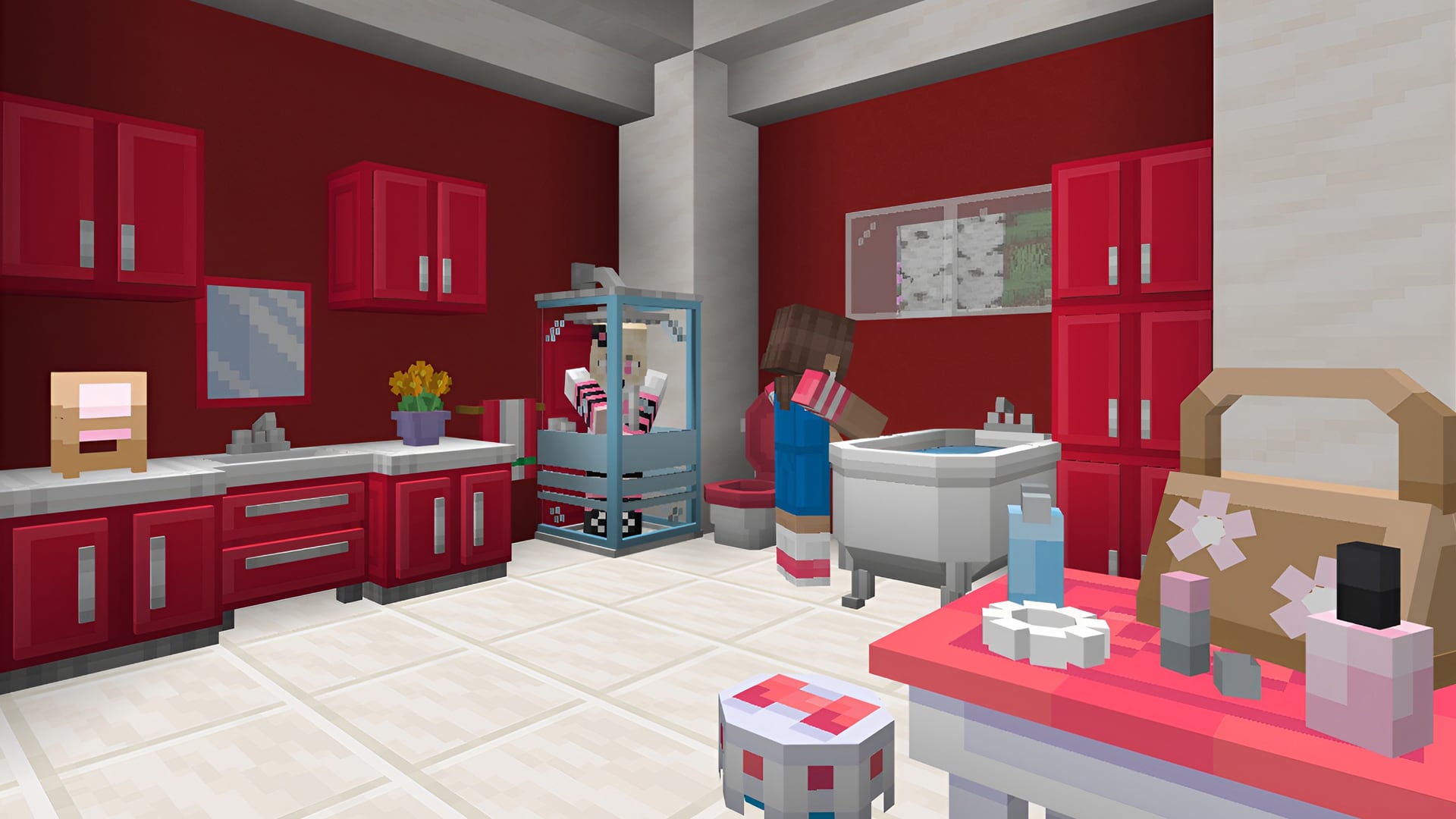 Hello Kitty®-inspired Minecraft bathroom with vibrant red cabinets, decorative furnishings, and functional vanity and bath fixtures.