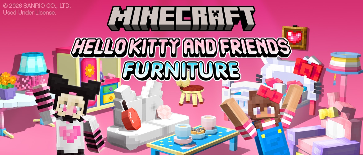 Minecraft Hello Kitty® and Friends Furniture Add-On promotional banner featuring pastel-themed furniture, character-inspired décor, and Minecraft avatars in a pink room setting.