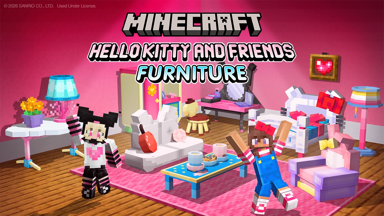 Minecraft Hello Kitty® and Friends Furniture Add-On promotional banner featuring pastel-themed furniture, character-inspired décor, and Minecraft avatars in a pink room setting.