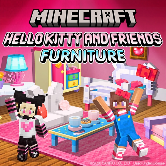 Minecraft Hello Kitty® and Friends Furniture Add-On promotional banner featuring pastel-themed furniture, character-inspired décor, and Minecraft avatars in a pink room setting.