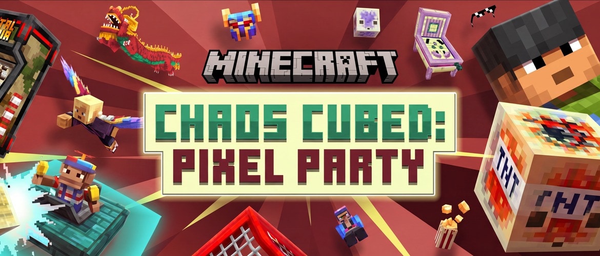 Minecraft Chaos Cubed: Pixel Party promotional artwork featuring players, floating cube creatures, arcade machines, and colorful mini-game challenges in a party-themed arena.