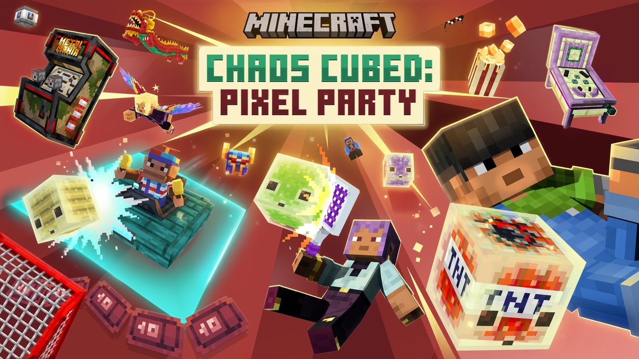 Minecraft Chaos Cubed: Pixel Party promotional artwork featuring players, floating cube creatures, arcade machines, and colorful mini-game challenges in a party-themed arena.