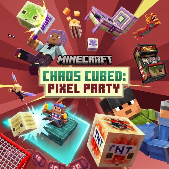 Minecraft Chaos Cubed: Pixel Party promotional artwork featuring players, floating cube creatures, arcade machines, and colorful mini-game challenges in a party-themed arena.