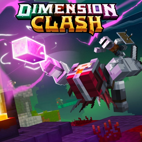 Minecraft Dimension Clash promotional artwork showing players and enemies battling around a glowing dimensional cube amid colorful portals and floating structures.