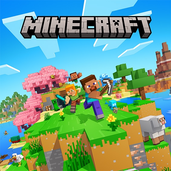 Minecraft promotional artwork showing players exploring diverse biomes, animals, and structures across a vibrant blocky world beneath the Minecraft logo.