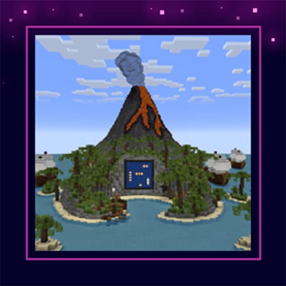 A smoking volcano rises above a tropical island with a game board entrance and ships anchored offshore.