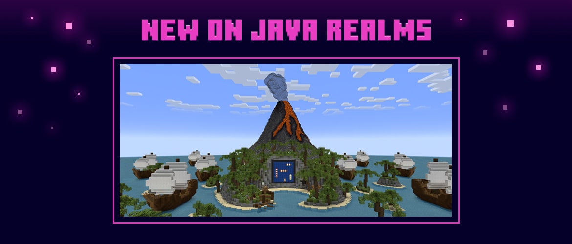 A volcanic island surrounded by sailing ships features a giant board game entrance carved into the mountain.