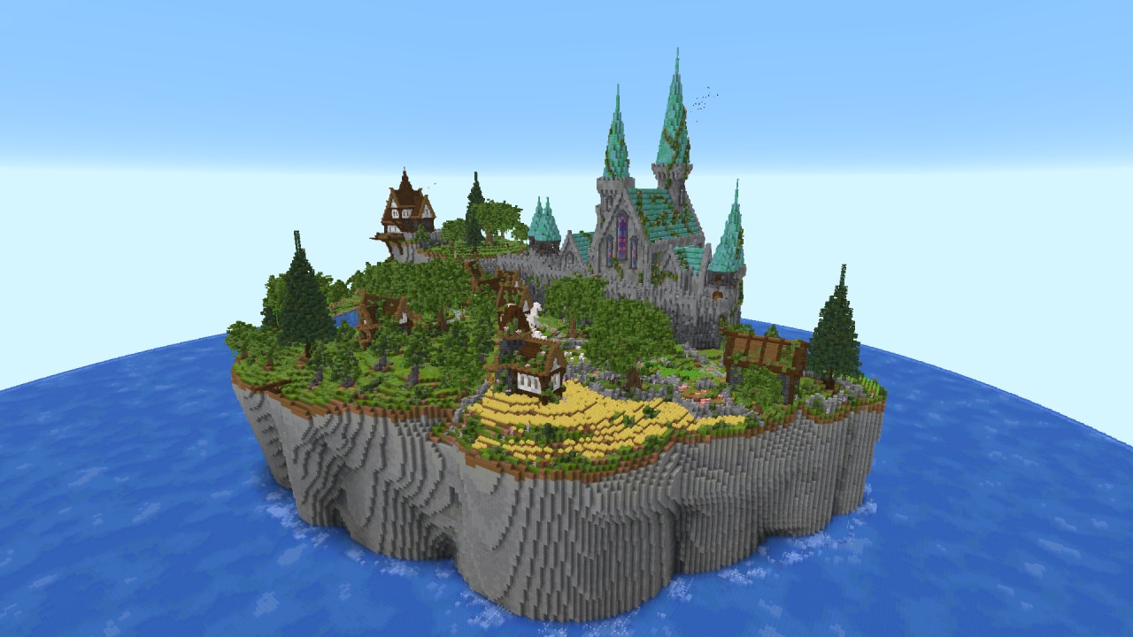 A volcanic island with a giant board game entrance sits surrounded by tropical waters and ships.