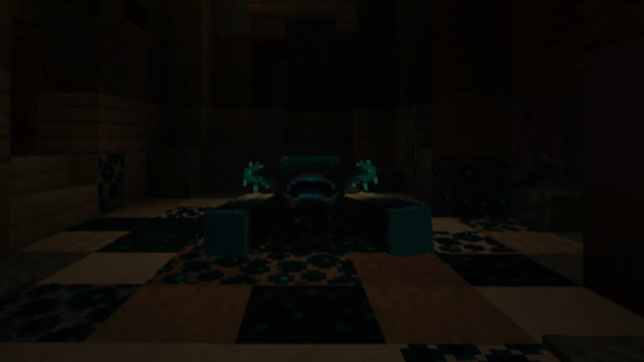 A Warden emerges from a dark, eerie hotel interior lit only by faint glowing blocks.