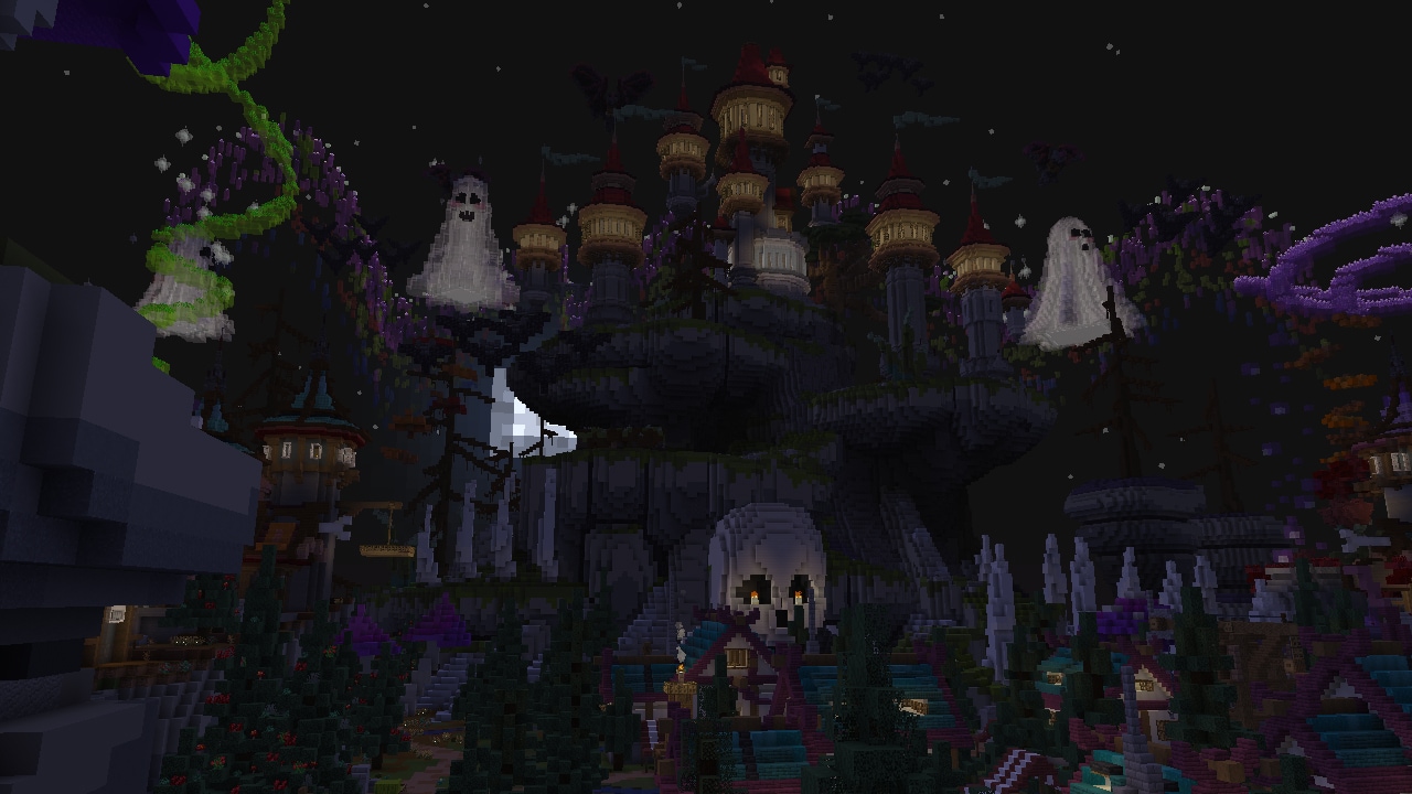 A haunted castle looms above a ghost-filled landscape with floating spirits and glowing pathways.