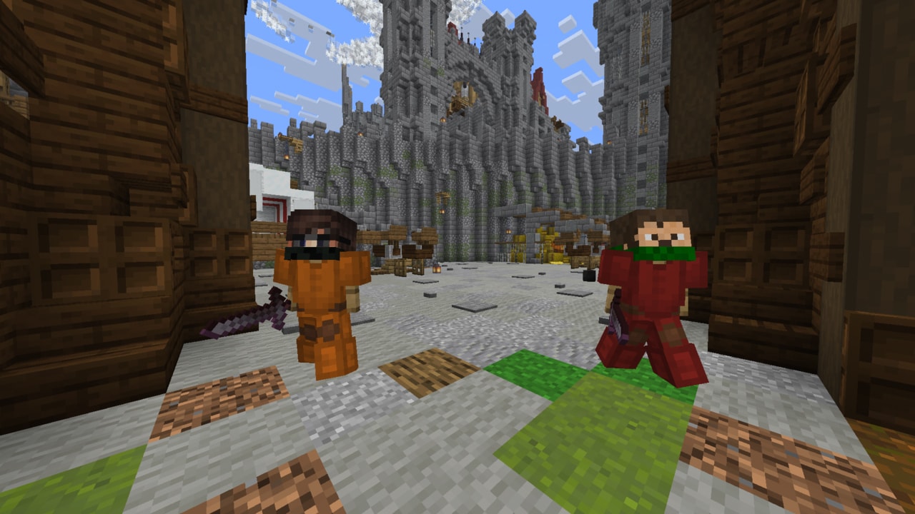 Two Minecraft players stand at a fortress entrance, ready for battle in a castle-themed arena.