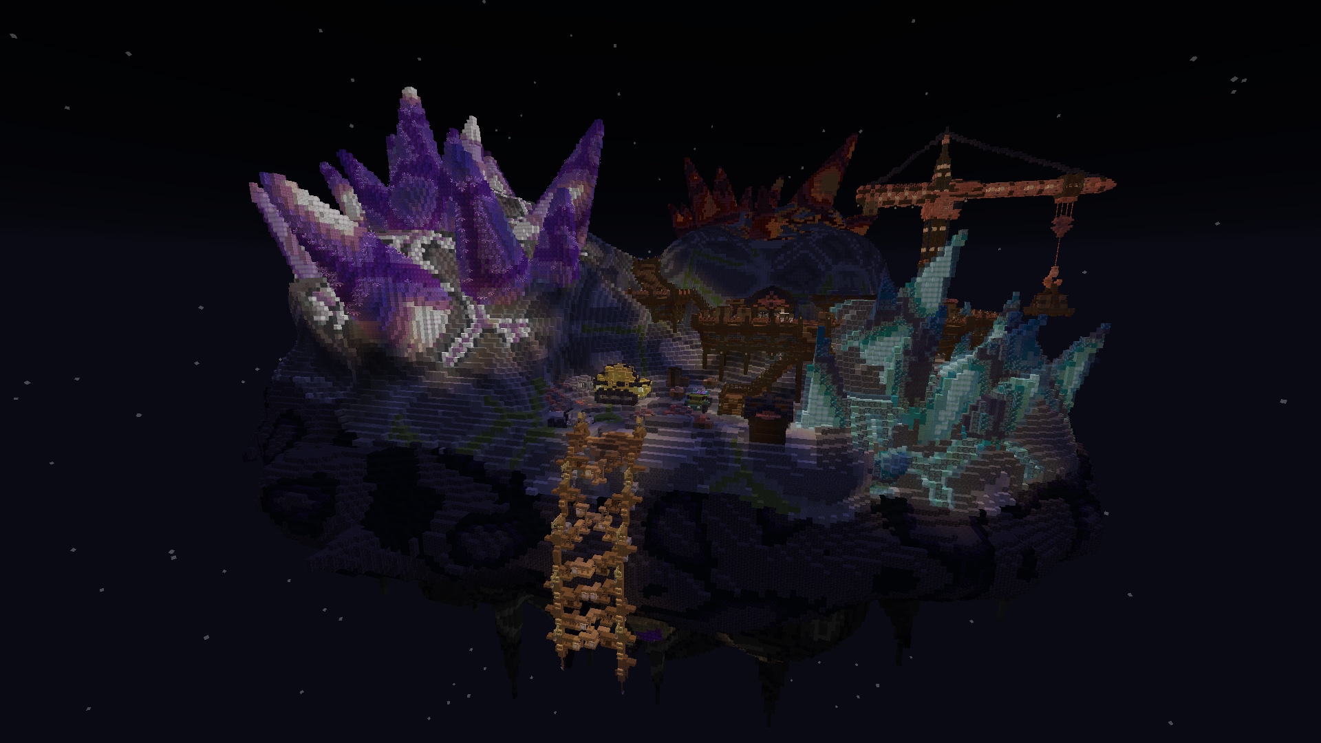 A floating mining outpost surrounded by massive glowing crystal formations.