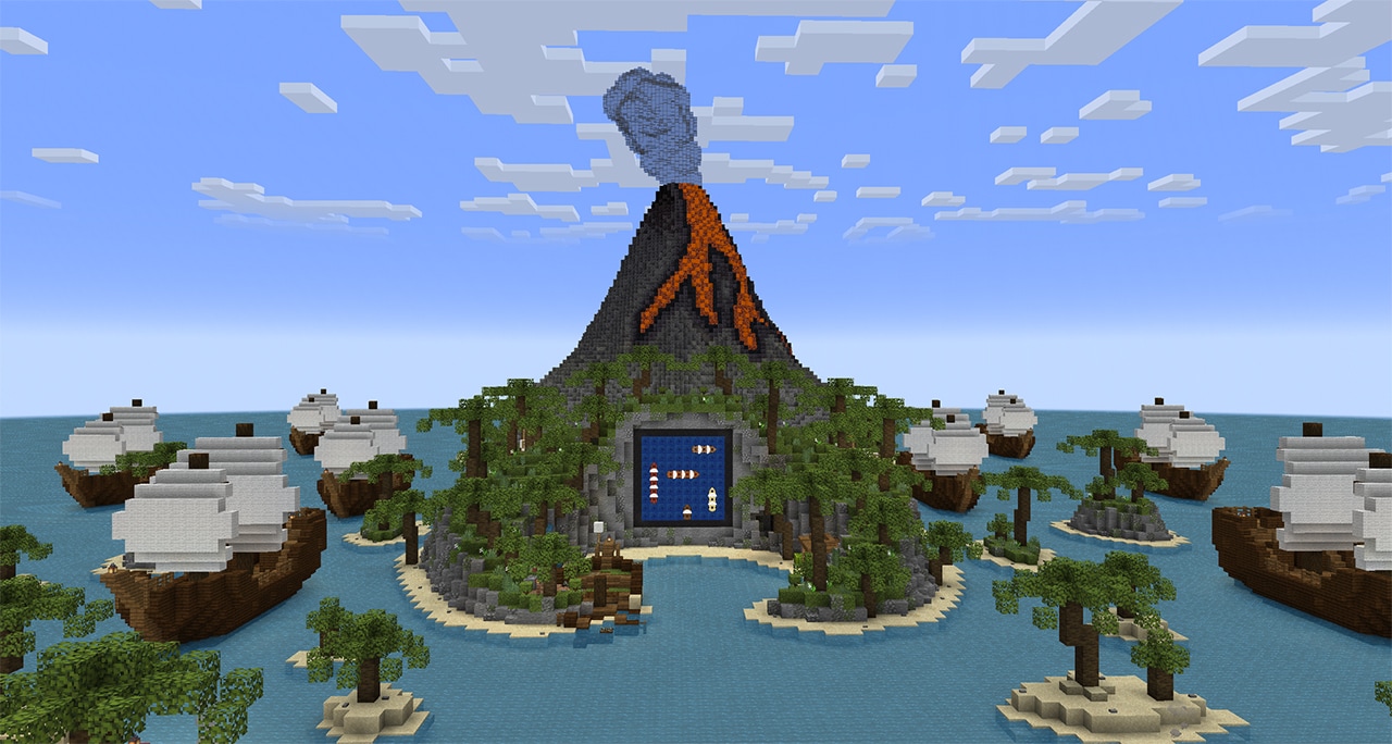 A volcanic island with a giant board game entrance sits surrounded by tropical waters and ships.