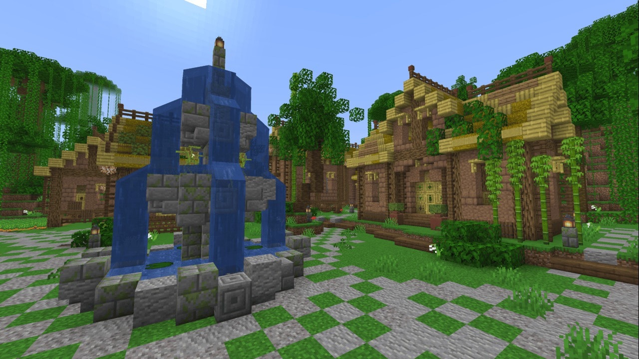 A lush jungle village surrounds a stone fountain, with vine-covered houses beneath bright skies.